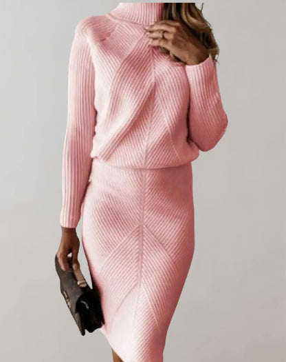Schicke Zweiteiler Damen Slim Fit Rollkragen Pullover und Midi Rock