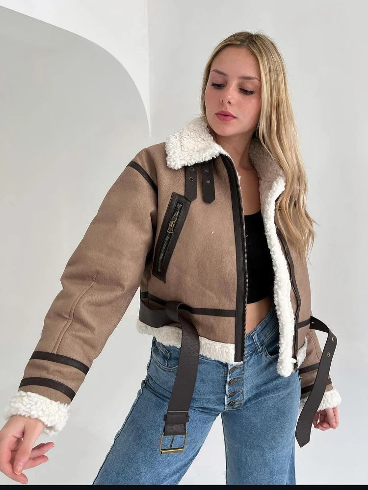 Lammfelljacke Damen Oversized Warm Wollfutter Reißverschluss - IdealeKleiden