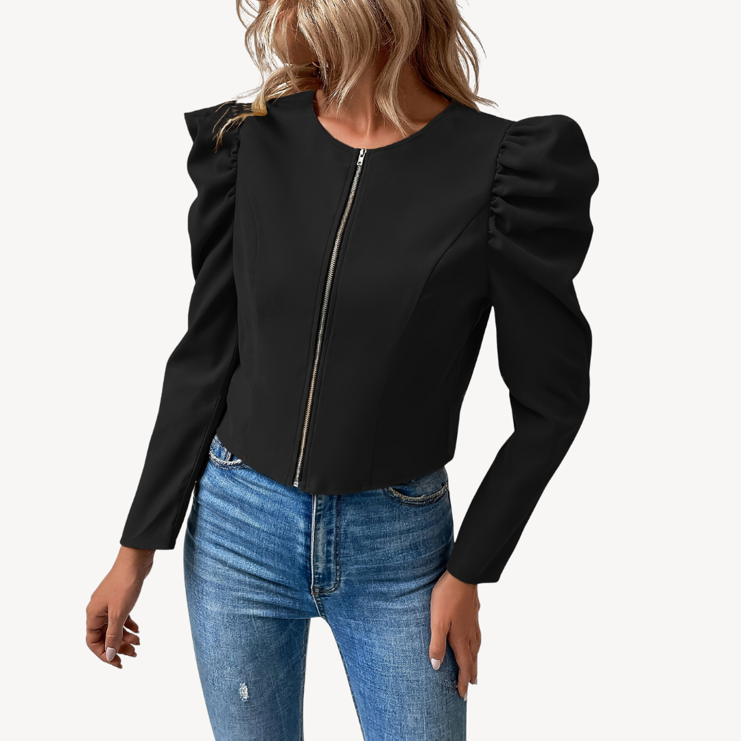 Stilvolle Frauenjacke Puffärmel Zip - IdealeKleiden