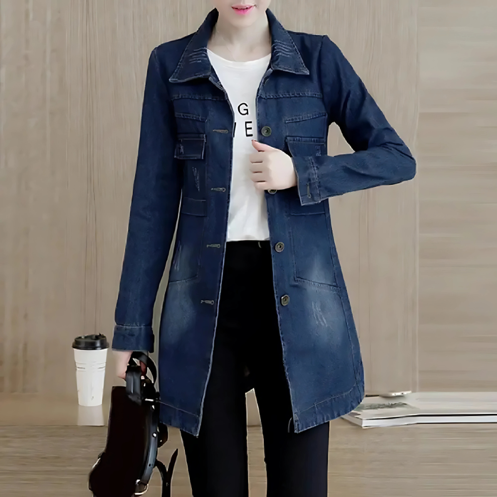 Lange Damenjeansjacke mit Stickerei