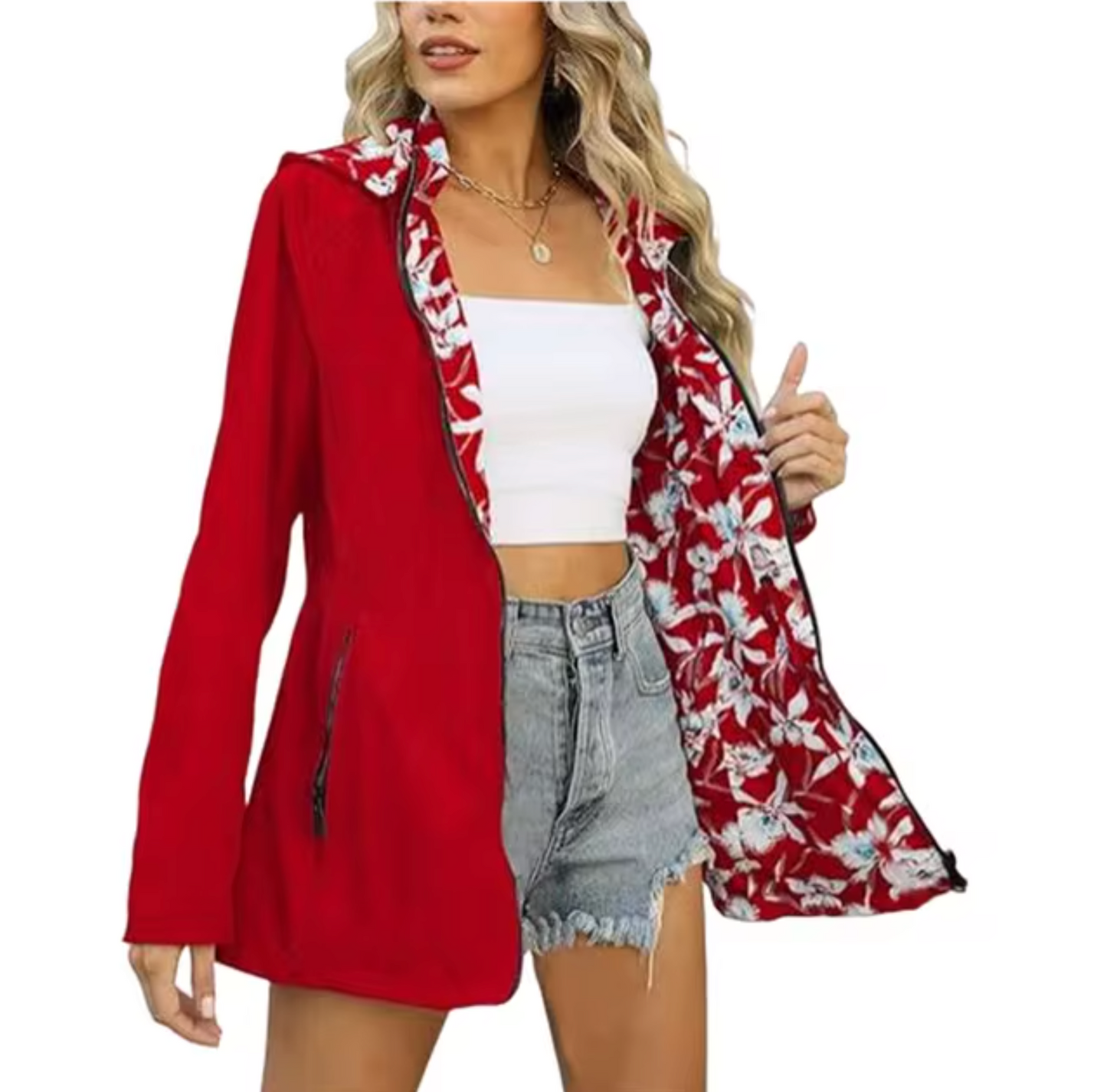 Praktische Outdoorjacke mit Kapuze und Trendmuster