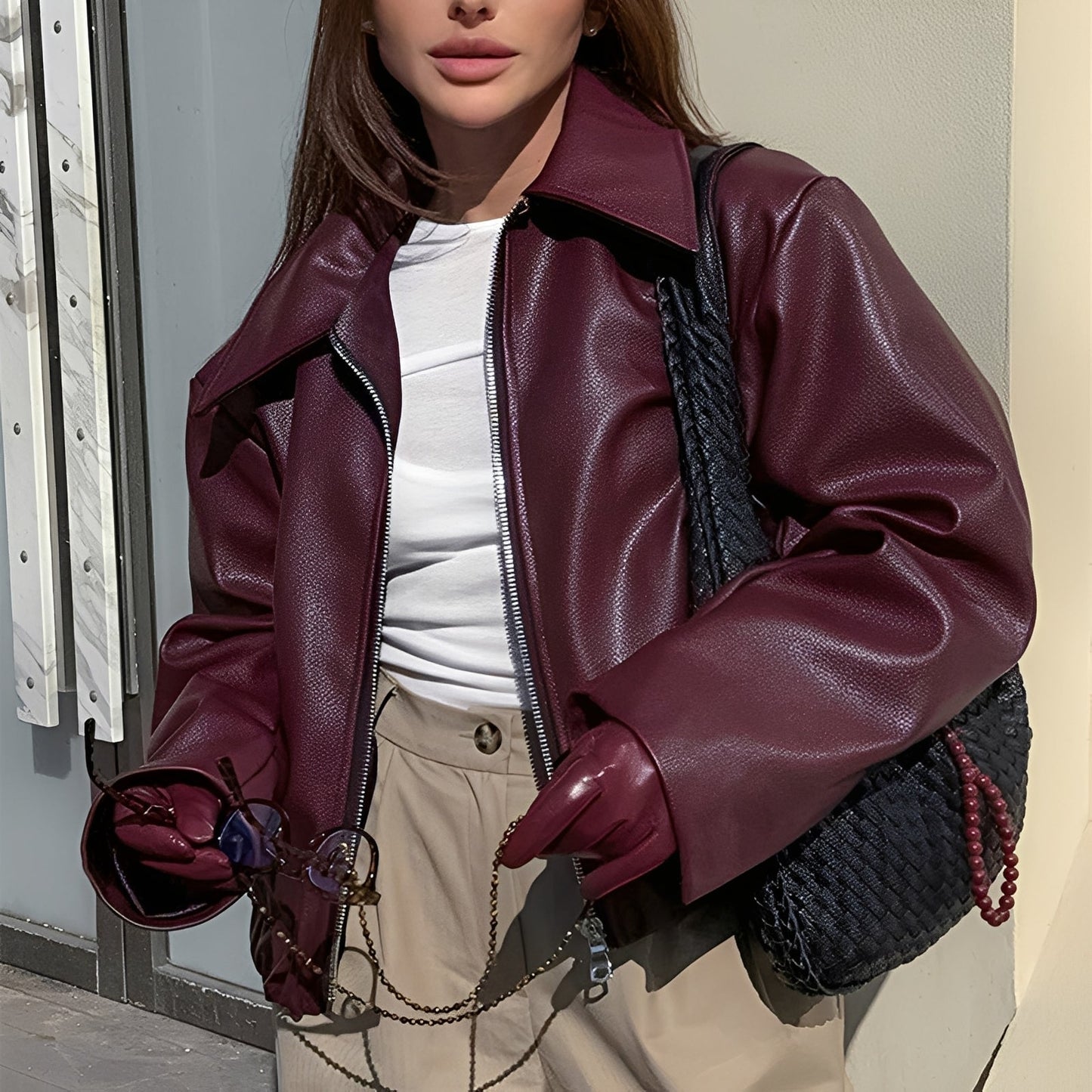 Stilvolle Lederjacke Damen Reißverschluss Design - IdealeKleiden
