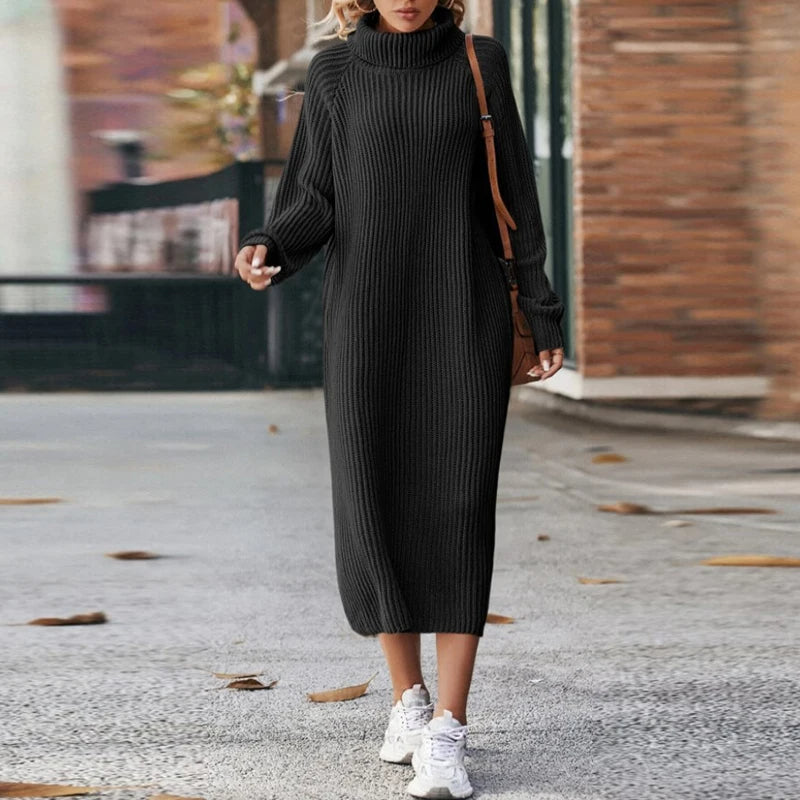 Damen Maxikleid Pullover Bequem Mit Kragen