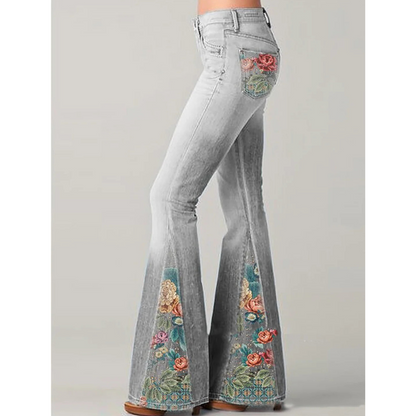 Damen-Jeans Blumenstickerei Weite Beinpartie