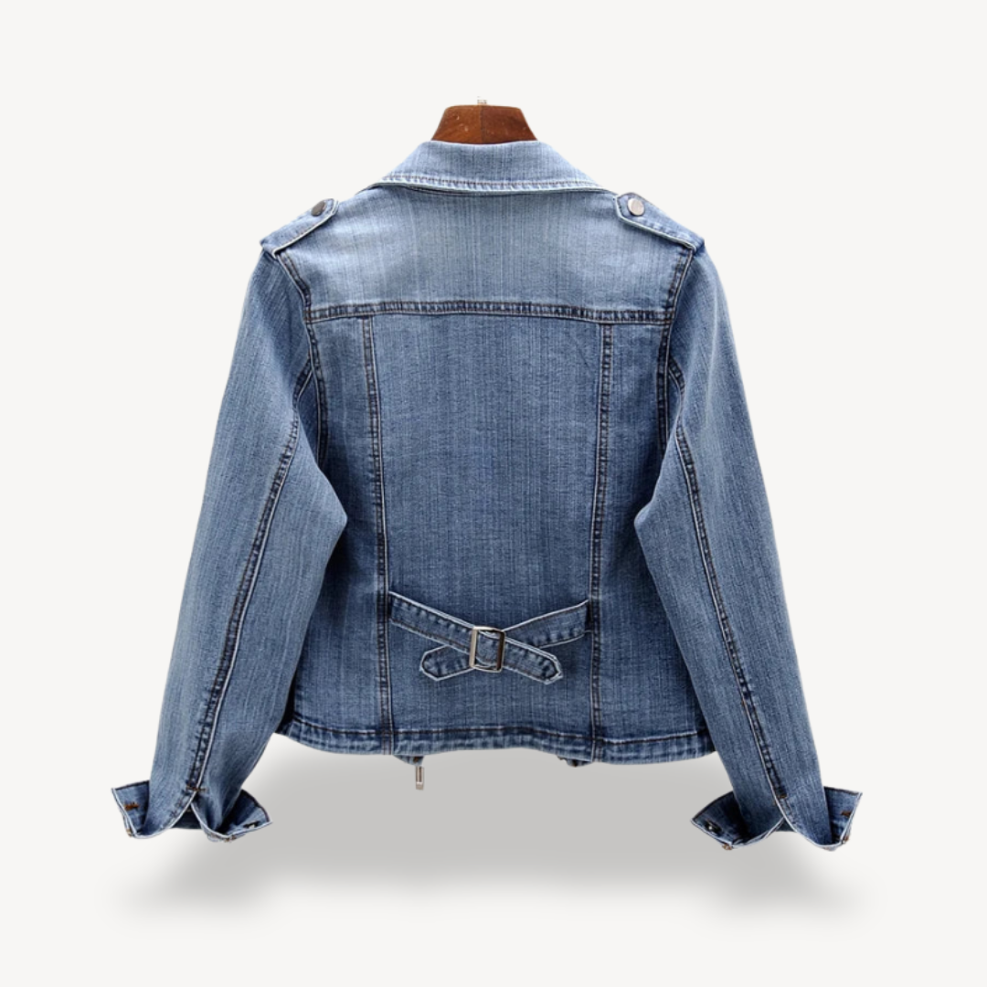 Mode Damen Bikerjacke Denim Blau - IdealeKleiden