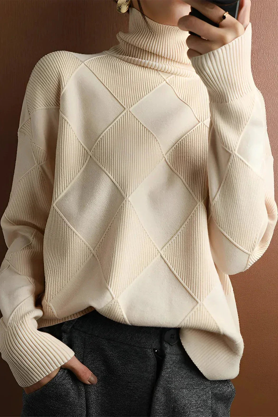 Eleganter Diamant Strick Pullover Damen Rollkragen