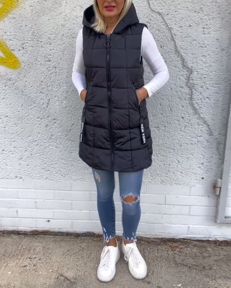 Wattierte Winterjacke Ärmellos Kapuze Reißverschluss