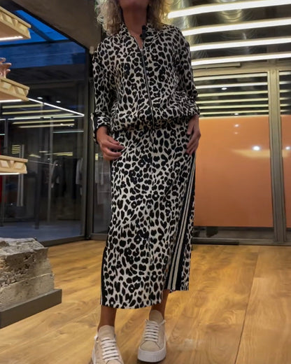 Kleid Set mit Streifenrock und Leopardenjacke
