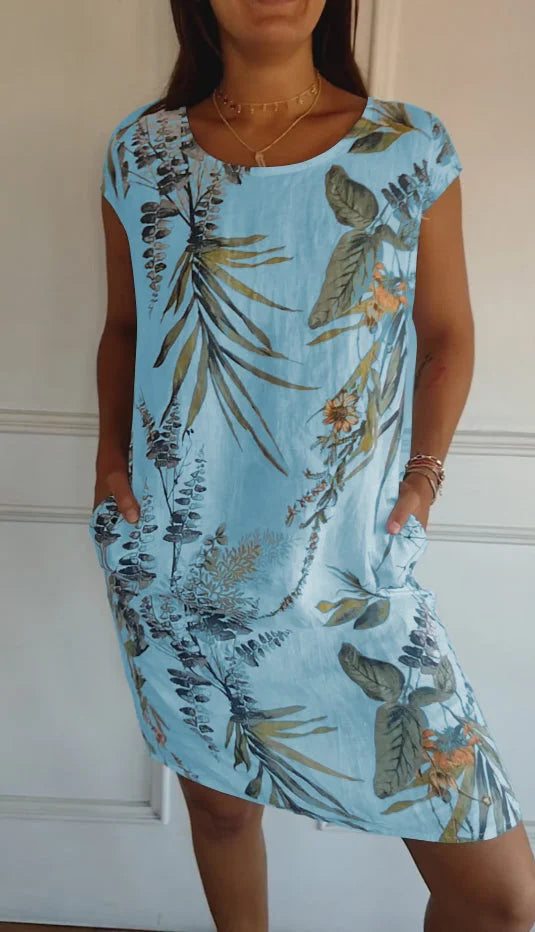 Damen Kleid Rundhals Ausschnitt Blumenmuster