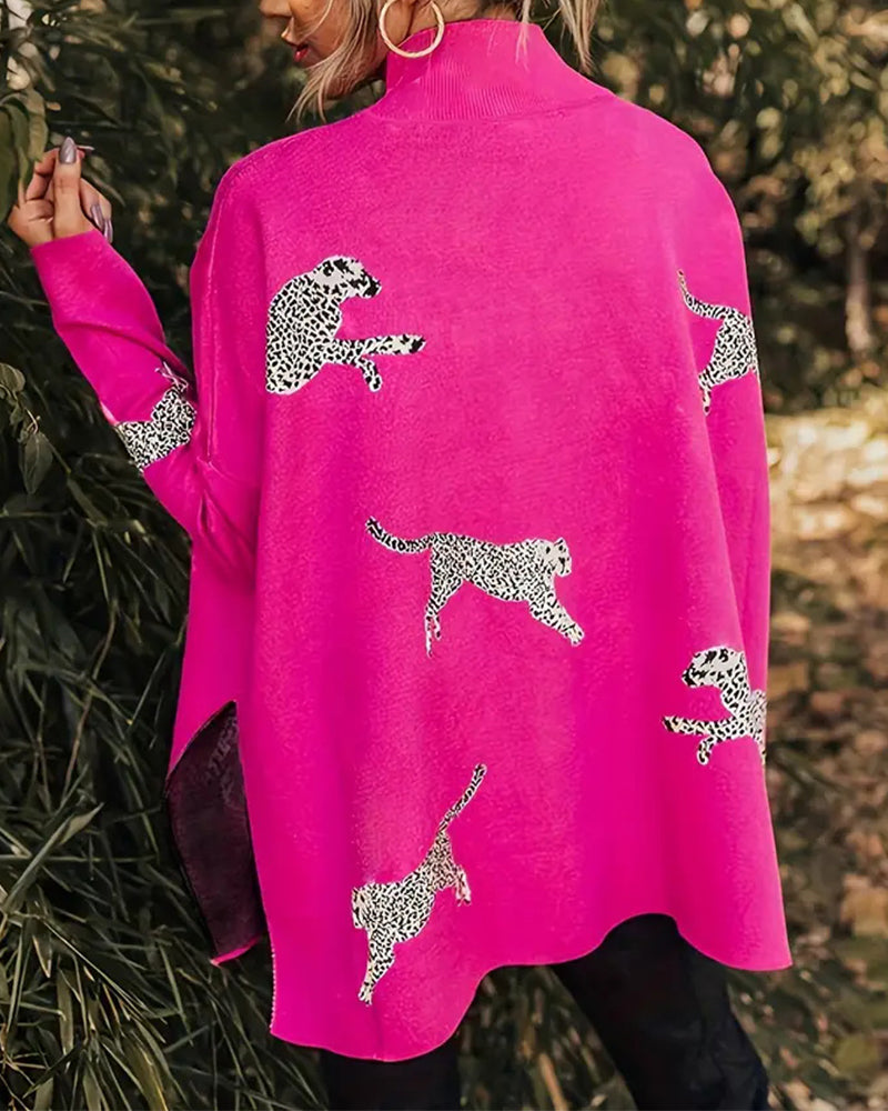 Stilvoller Pullover Leopardenmuster Hochkragen - IdealeKleiden