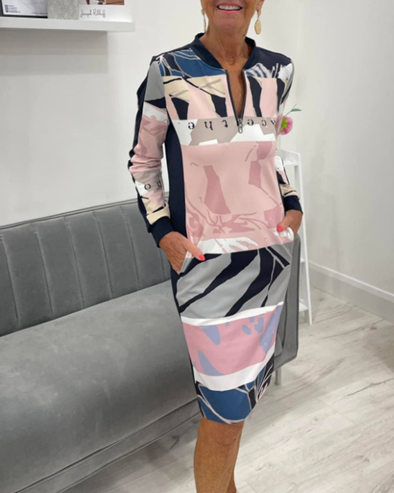 Kleid Mit Langen Ärmeln und Tasche Farbblock Design