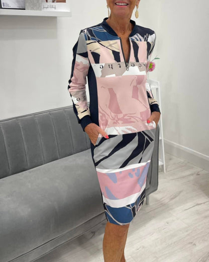 Kleid Mit Langen Ärmeln und Tasche Farbblock Design