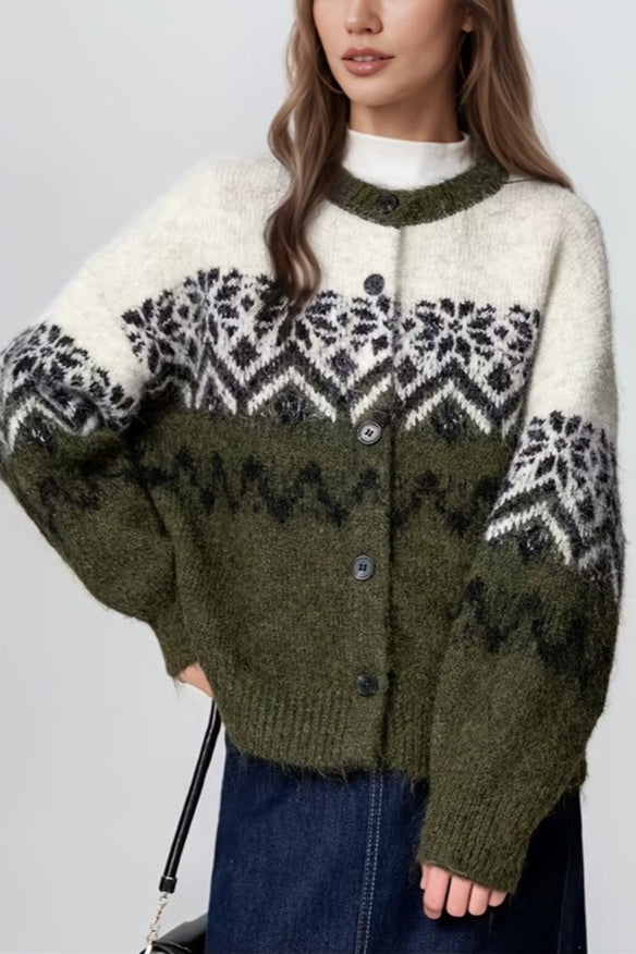 Retro Weihnachtsstrickjacke Schneeflockenmuster - IdealeKleiden