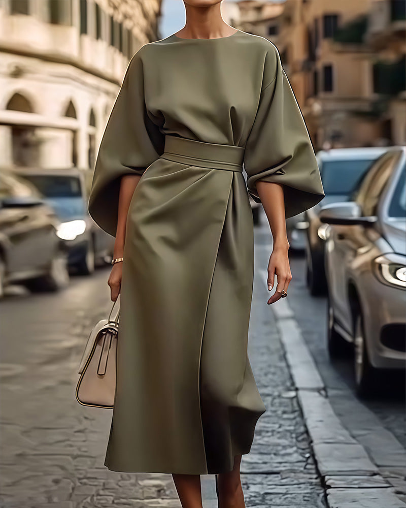 Damenkleid Mit Gürtel Midilang Elegант