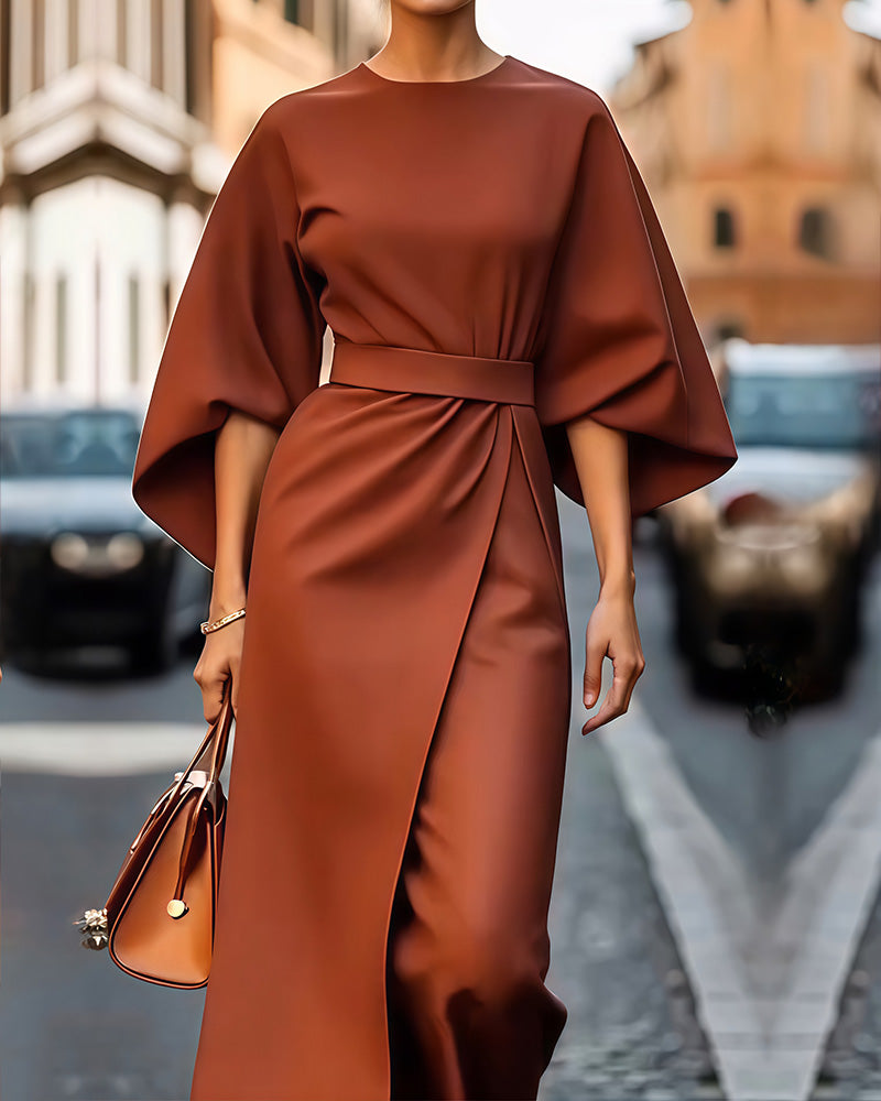 Damenkleid Mit Gürtel Midilang Elegант