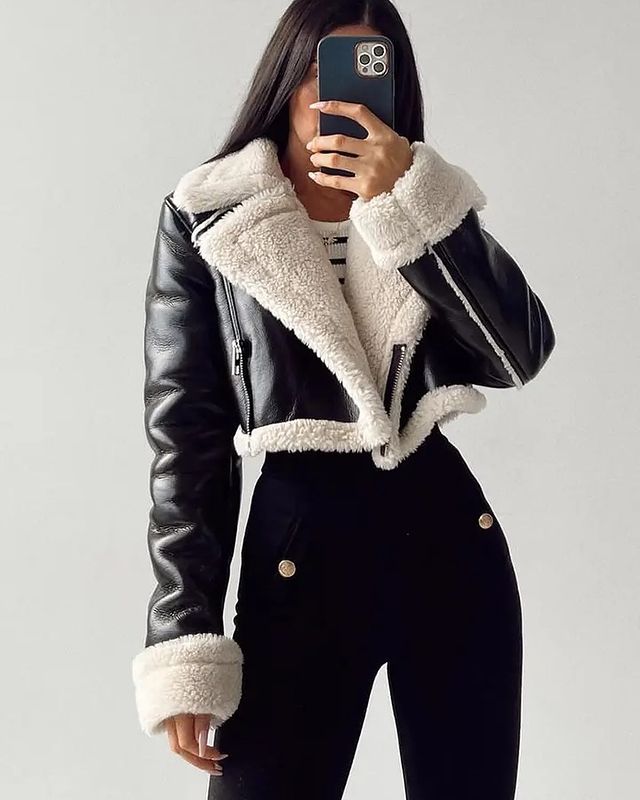 Kurze Lederjacke Teddyfutter Damen - IdealeKleiden