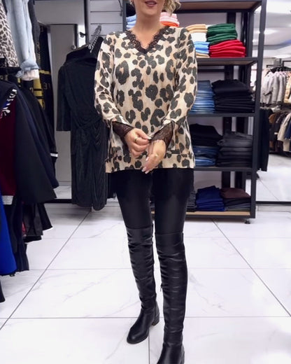 Frauenkleid Lässig V-Ausschnitt Leopardenprint Spitze - IdealeKleiden