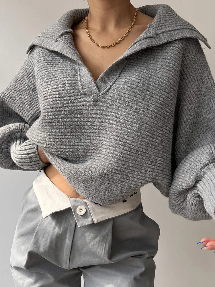Gemütlicher Strickpullover Latzen Ärmel Offener Kragen