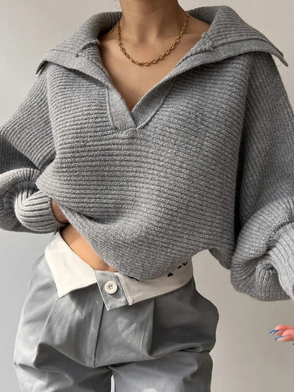 Gemütlicher Strickpullover Latzen Ärmel Offener Kragen