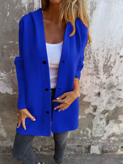 Lange Wolljacke mit Kapuze und Knöpfen Bequem