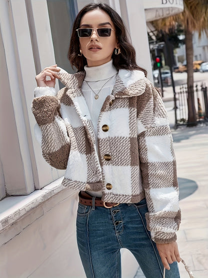 Kariertes Teddyjacke Damen Modern Knopfverschluss