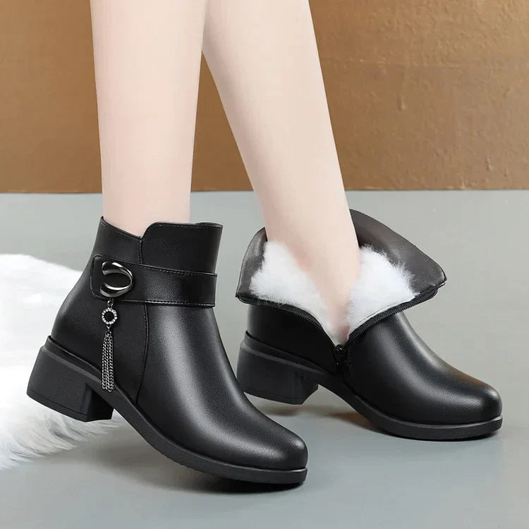 Damen Leder Stiefel Metall Schnalle Samt Optik