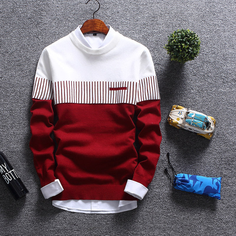 Klassischer Pullover Wollmischung Rundhals Streifen - IdealeKleiden