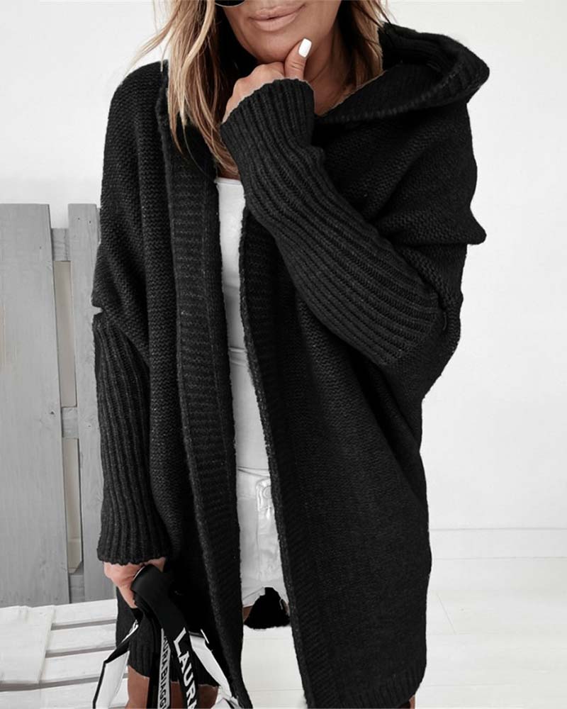Stylische Strickjacke Fledermaus Kapuze Einfarbig