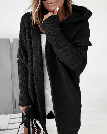 Stylische Strickjacke Fledermaus Kapuze Einfarbig