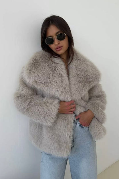 Stylische Faux-Fur-Jacke Schalkragen - IdealeKleiden
