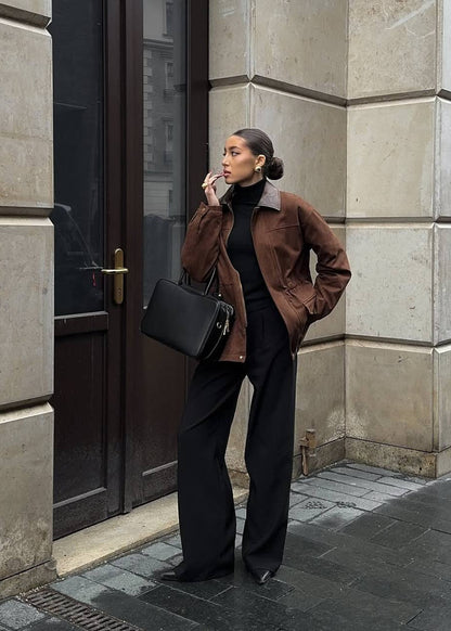Modische Oversized Lederjacke mit Kontrastkragen - IdealeKleiden