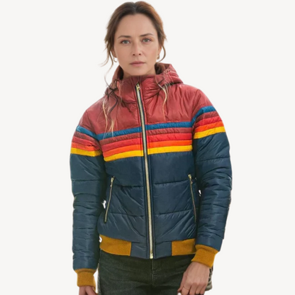 Damen Pufferjacke Streifen Muster Winter - IdealeKleiden
