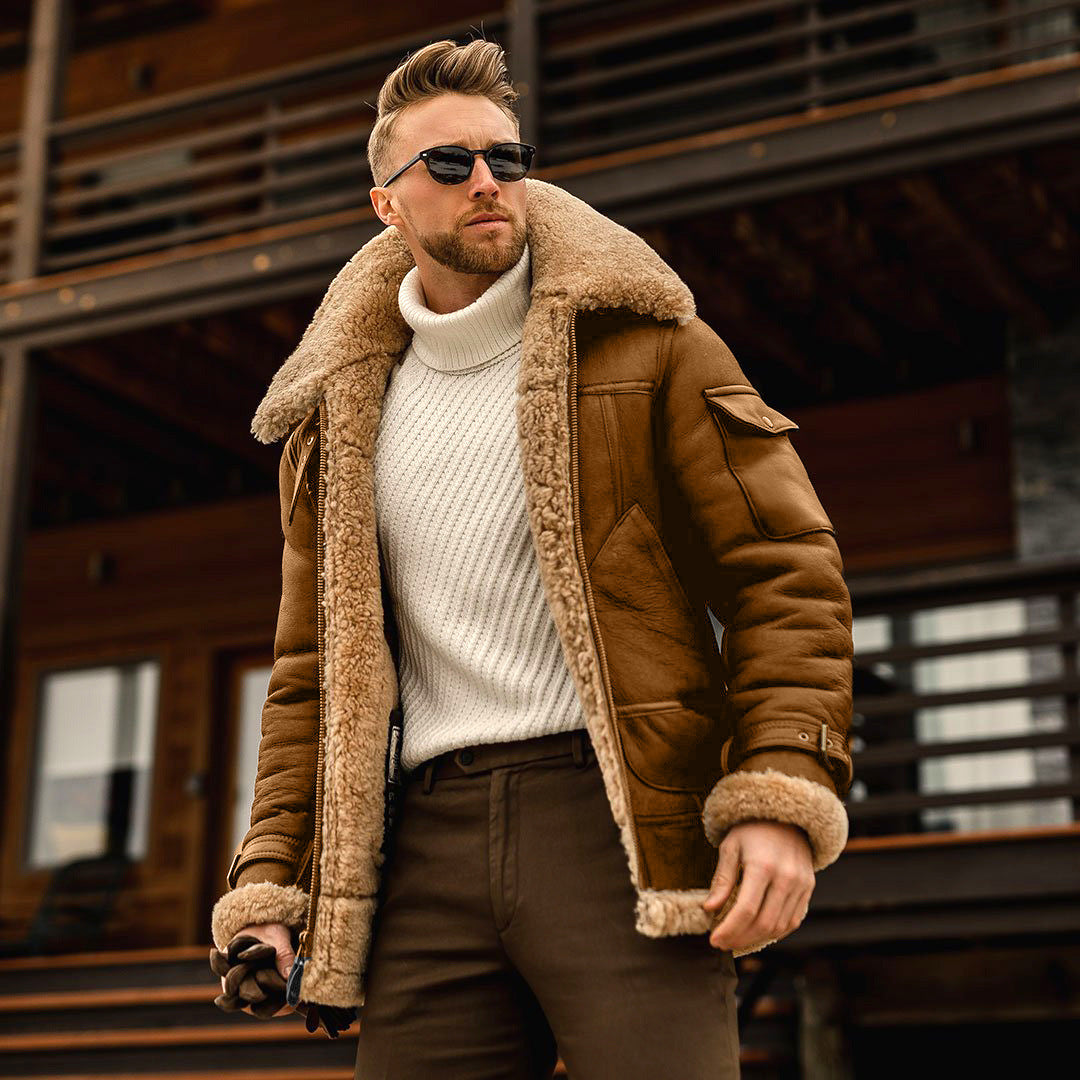 Herren Lederjacke Fellkragen Militärstil - IdealeKleiden