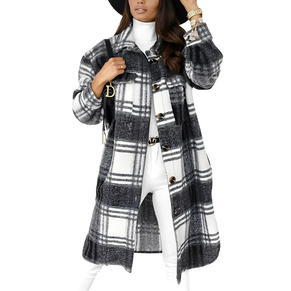 Stylische Damen Karo Jacke Lang