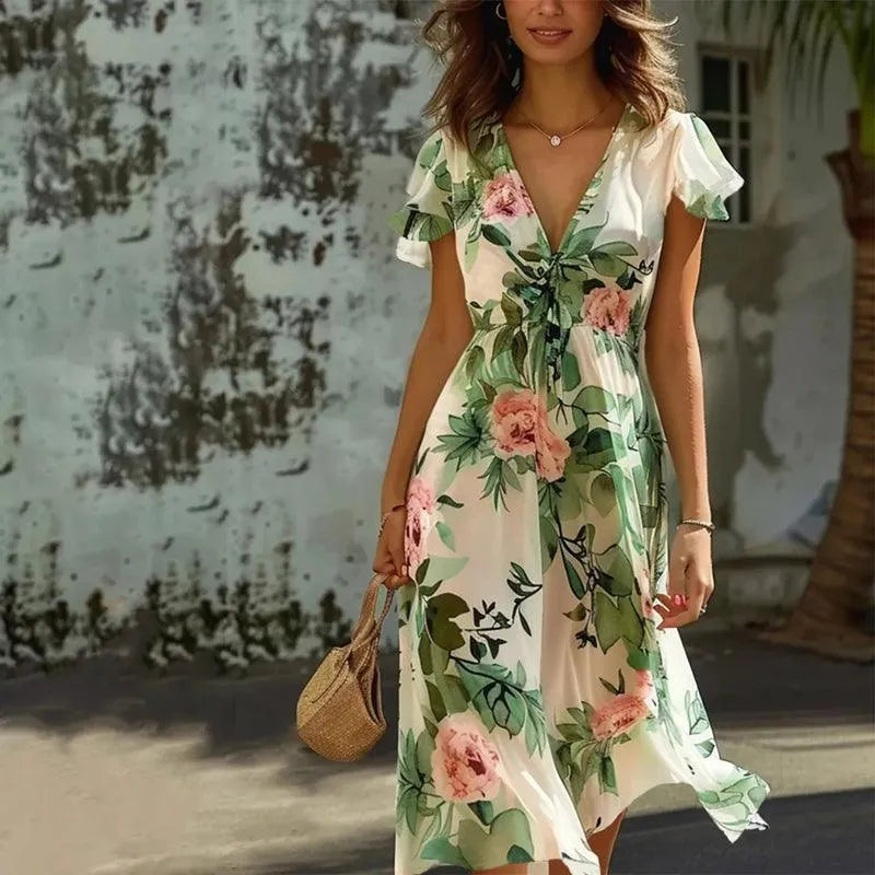 Damen Midikleid Blumenprint Rüschenärme Sommerkleid - IdealeKleiden