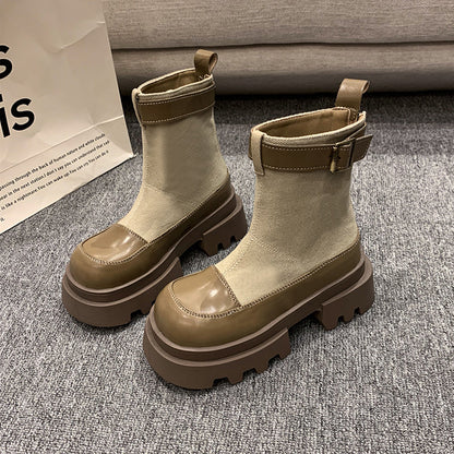 Stylische Stiefel Canvas Kurz Dicksohlige Schnellverschluss