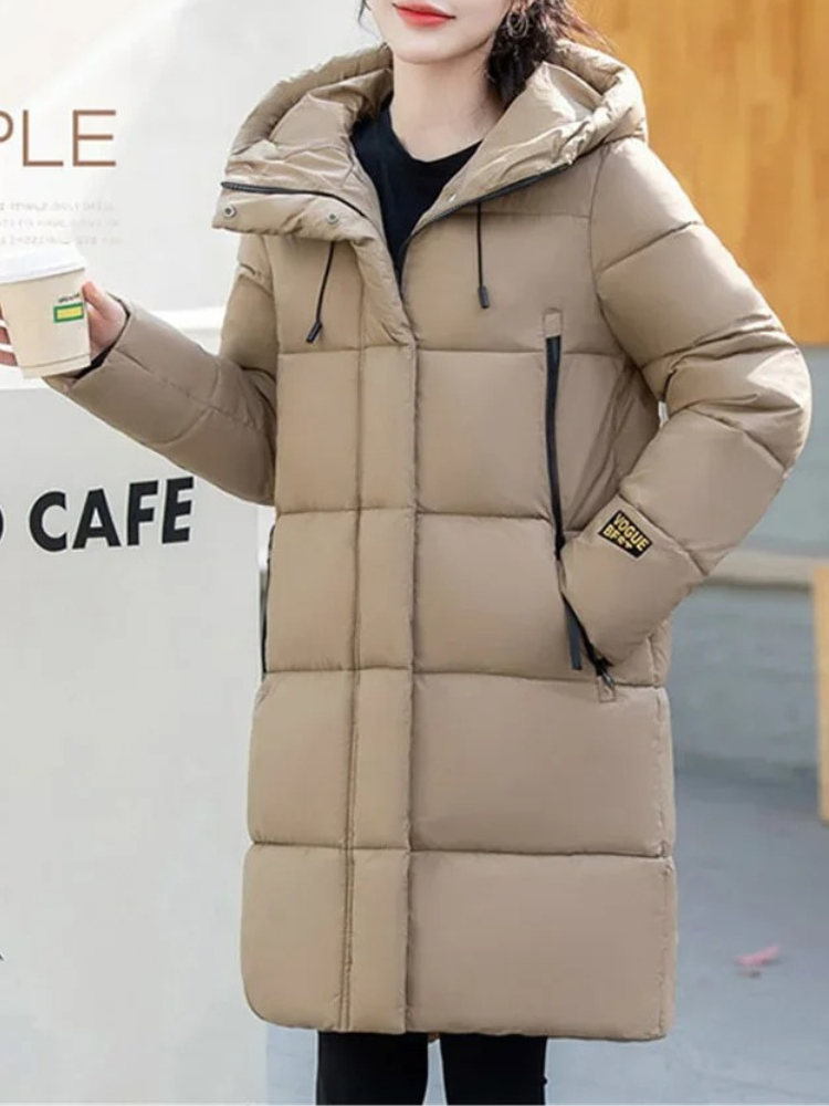 Stylische Pufferjacke Khaki Farbe Kapuze Reißverschluss