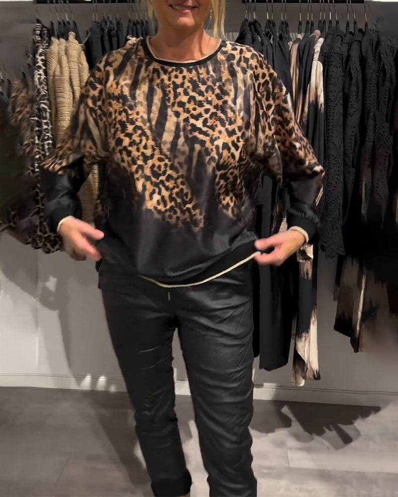 Frauenbluse Leopardenmuster Rundhals