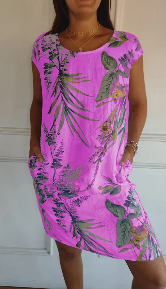 Damen Kleid Rundhals Ausschnitt Blumenmuster