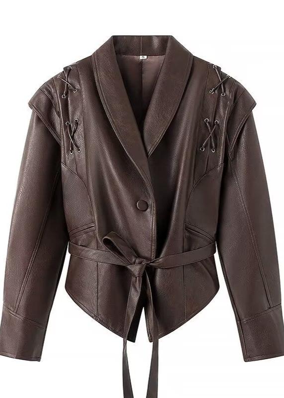 Leder Wickeljacke Gürtel Elegant Schwarz