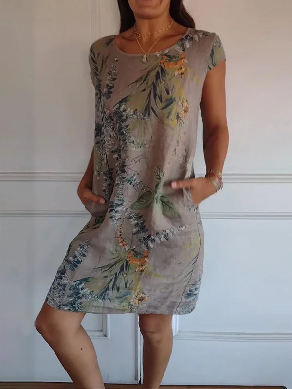 Damen Kleid Rundhals Ausschnitt Blumenmuster