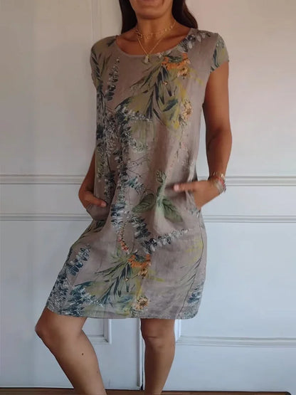 Damen Kleid Rundhals Ausschnitt Blumenmuster