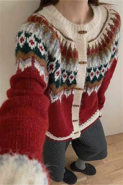 Weihnachtsstrickjacke Rundhals Fair Isle Hornknöpfe