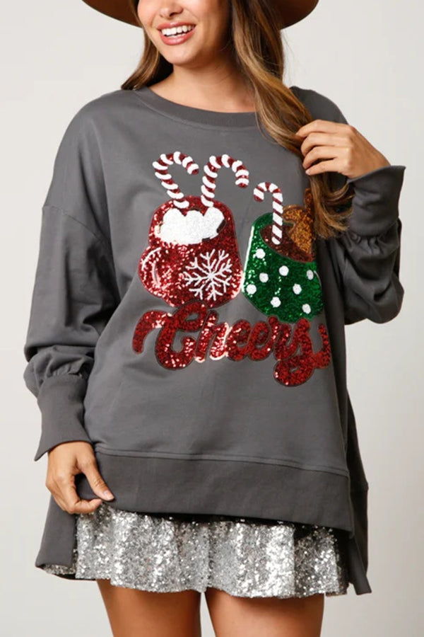 Weihnachtssüßigkeiten Tasse Pailletten Sweatshirt Lässig