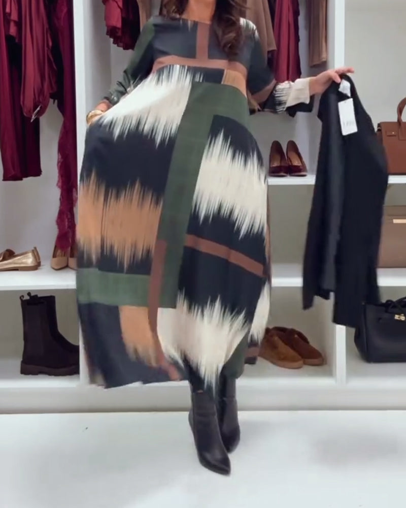 Stilvolles Damenkleid Rundhals Langärmlig Bedruckt - IdealeKleiden