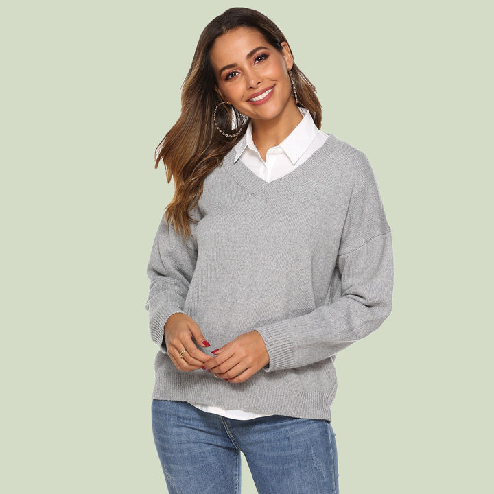 Strickpullover Damen V-Ausschnitt Bequem Langärmlig