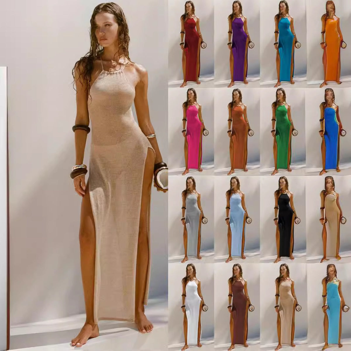 Doppelseitiges Strickkleid mit hohem Schlitz und Hosenträgern - IdealeKleiden