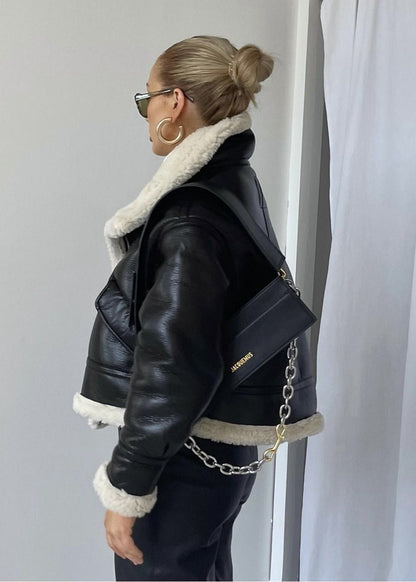 Lederjacke Shearling Gefüttert Edgy Style - IdealeKleiden