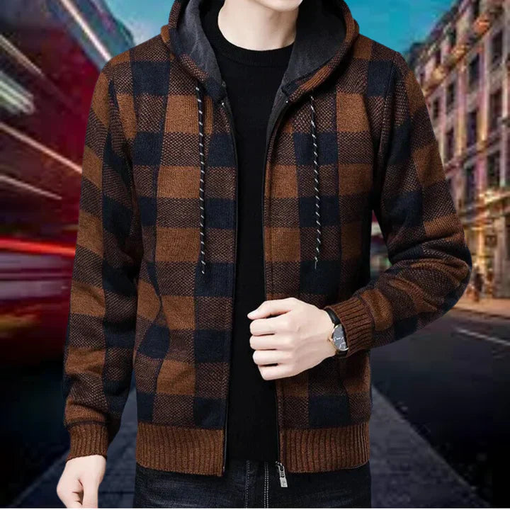 Herrenstrickjacke Hochwertig Karierter Hoodie - IdealeKleiden