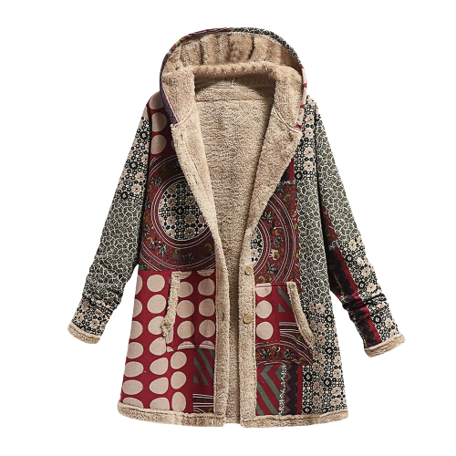 Kapuzenmantel Patchwork-Style Gefüttert mit Weichem Fleece